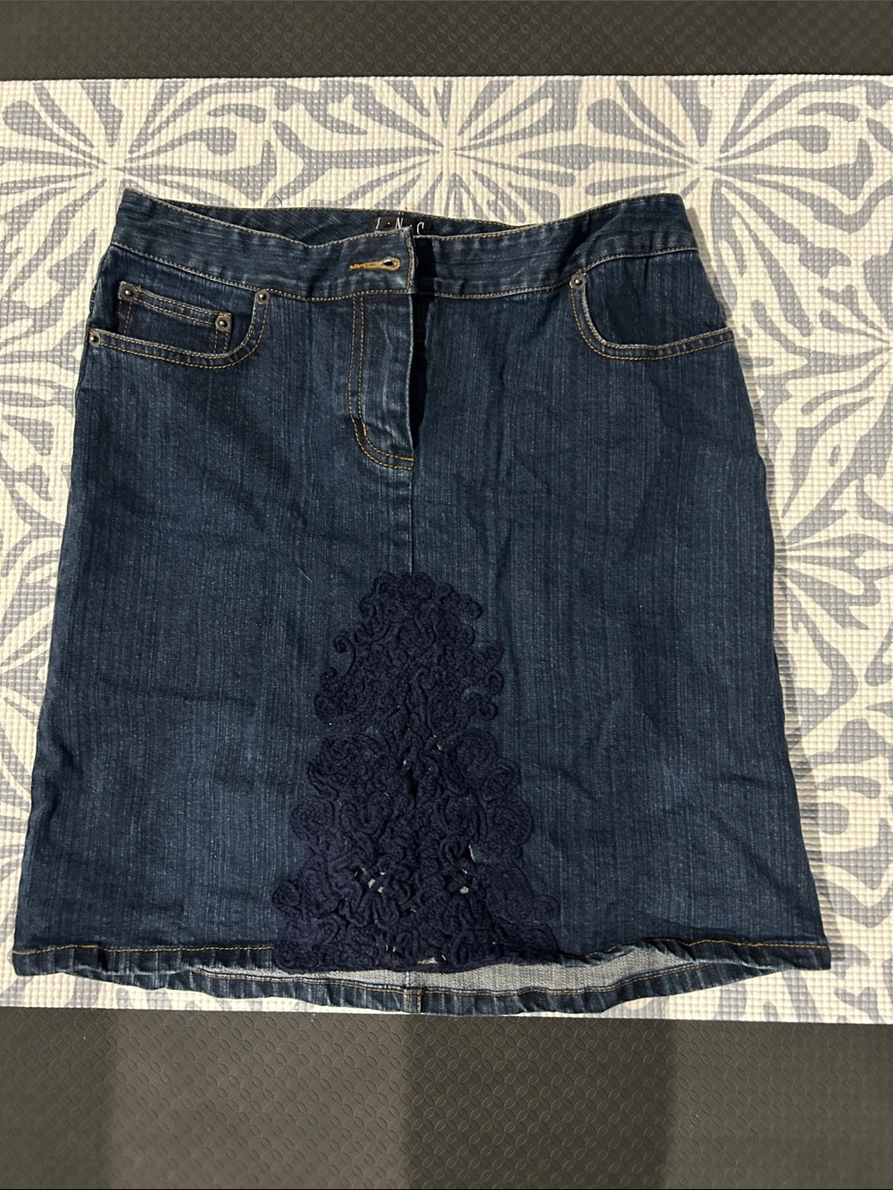 INC International Concepts Dark Blue Denim Mini Skirt with Navy Lace Appliqué
